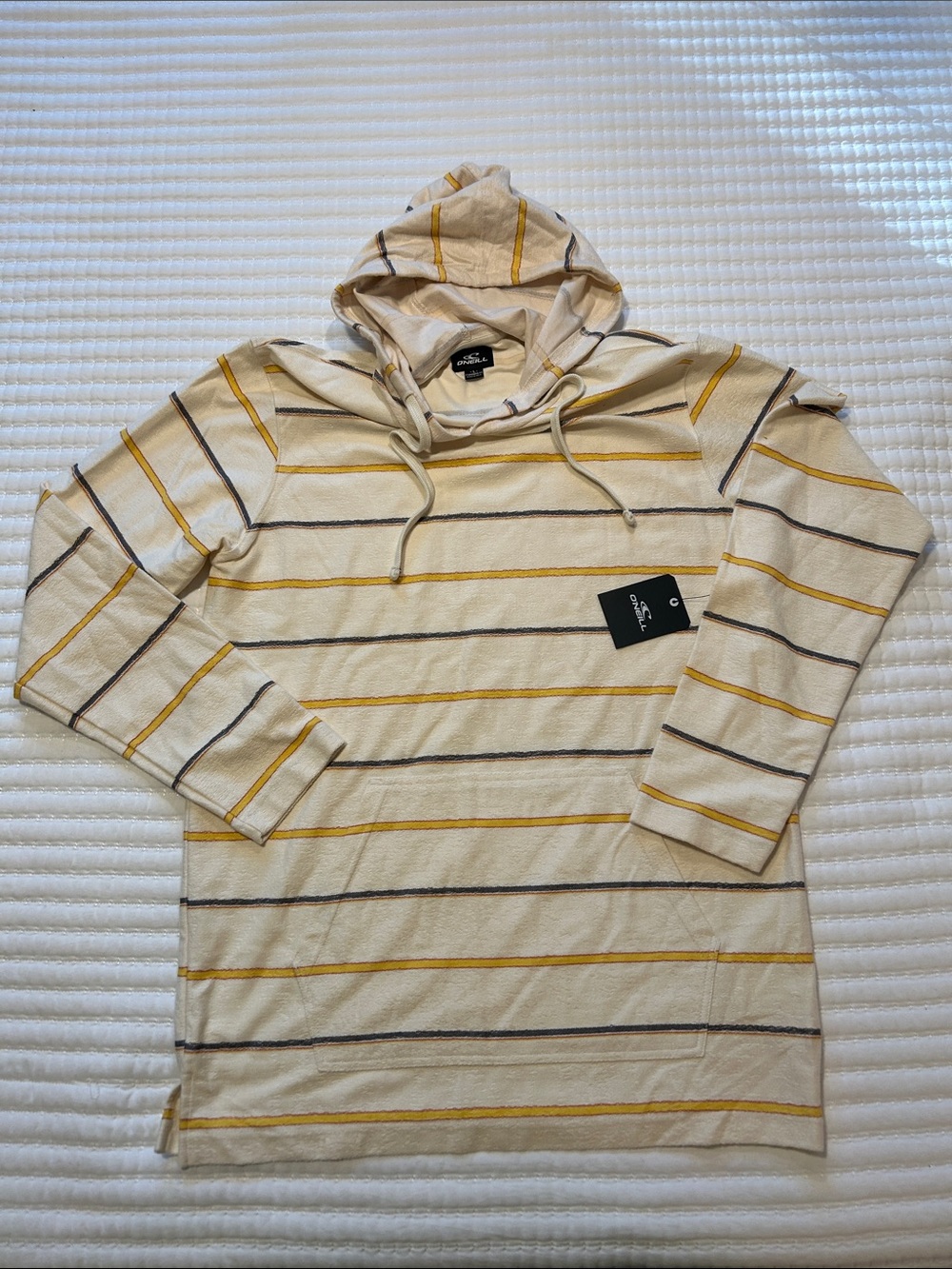 O'Neill Cream Hooded Long-Sleeve Shirt with Yellow & Gray Stripes Large